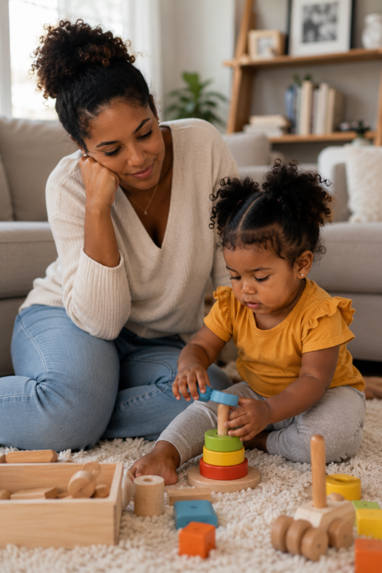 Toddler sitting quietly with toys while parent nearby