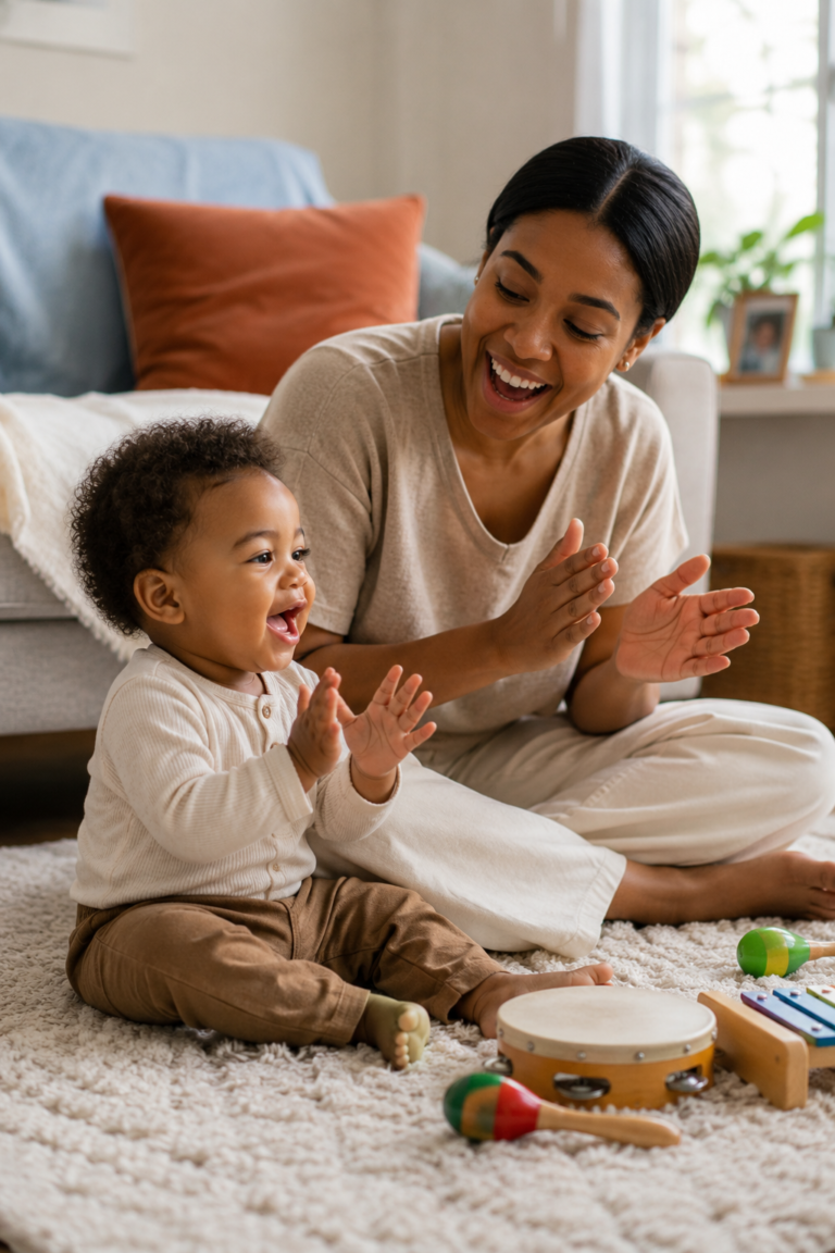 Toddler clapping during music activity with caregiver