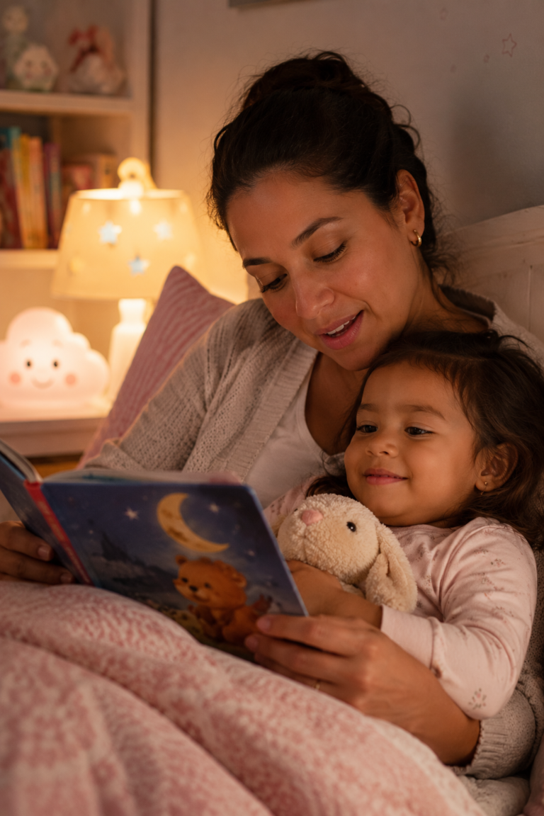 Parent singing to words in a nursery rhyme during bedtime