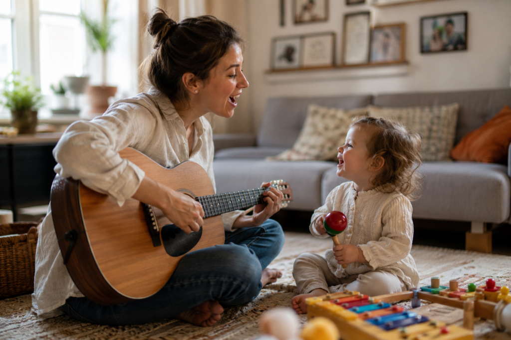 toddler and parent singing together during a playful music activity at home