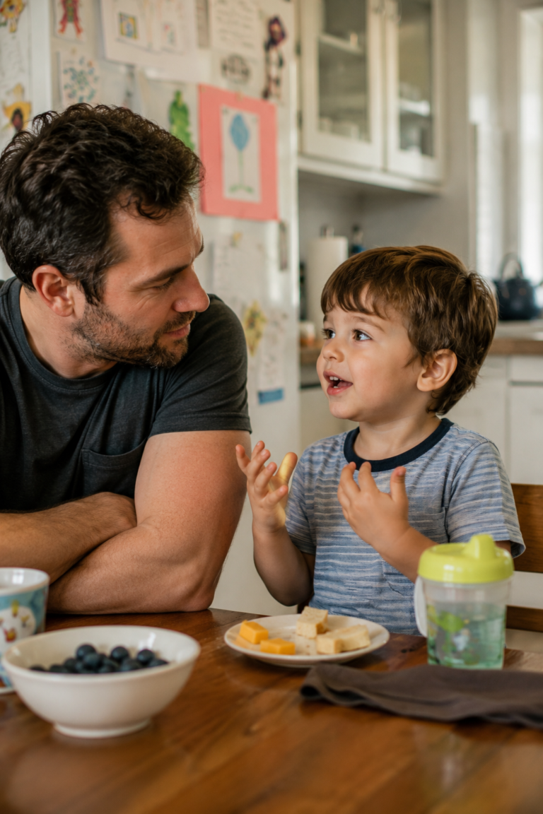 Three-year-old talking with family during snack time