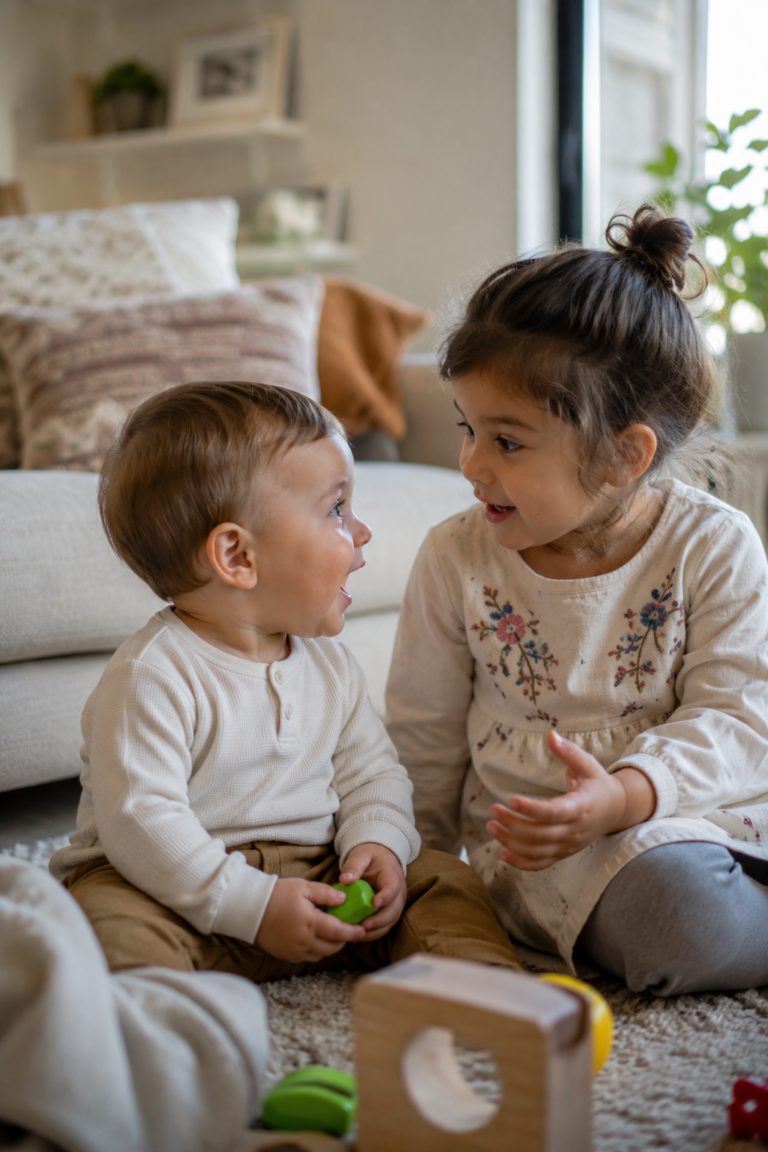 Young child practicing speech and conversation during playtime