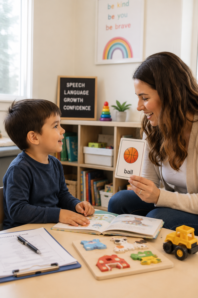 Child participating in play-based speech and language evaluation activities