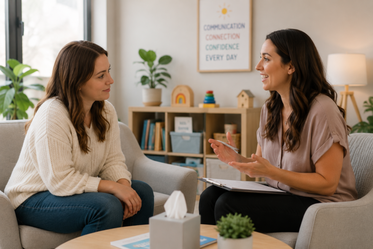 Parent discussing communication concerns with a speech-language pathologist