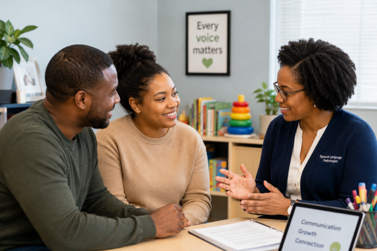 Parent discussing child's speech development with speech therapist