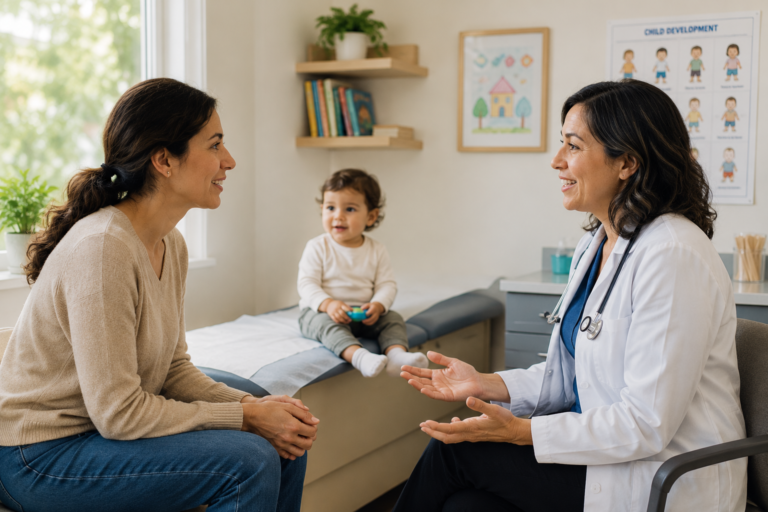 Parent speaking with pediatrician about toddler speech concerns — first steps toward a speech and language evaluation