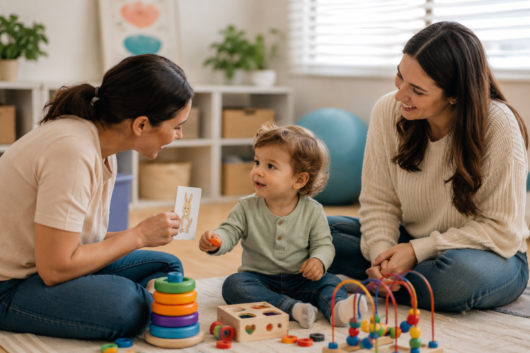Speech therapist supporting communication development in a toddler