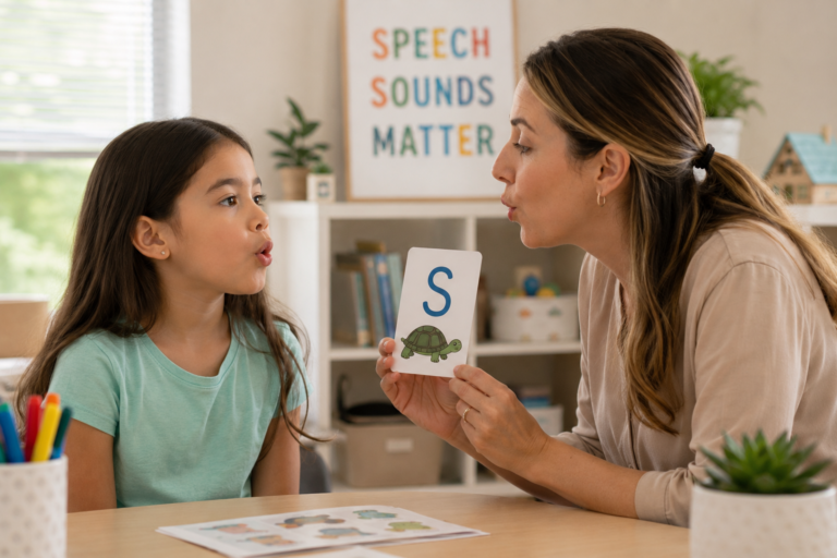 Speech therapist helping school-age child practice clear S sounds