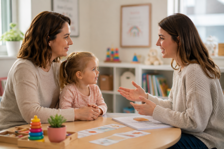 Parent talking with a speech therapist about toddler communication concerns