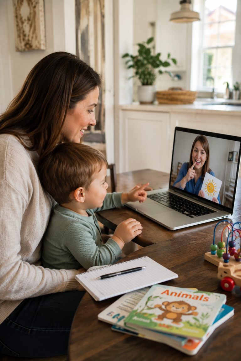 Parent and toddler participating in telehealth speech therapy session from home