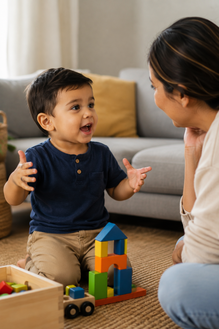 Toddler speaking expressively while playing with toys on the floor