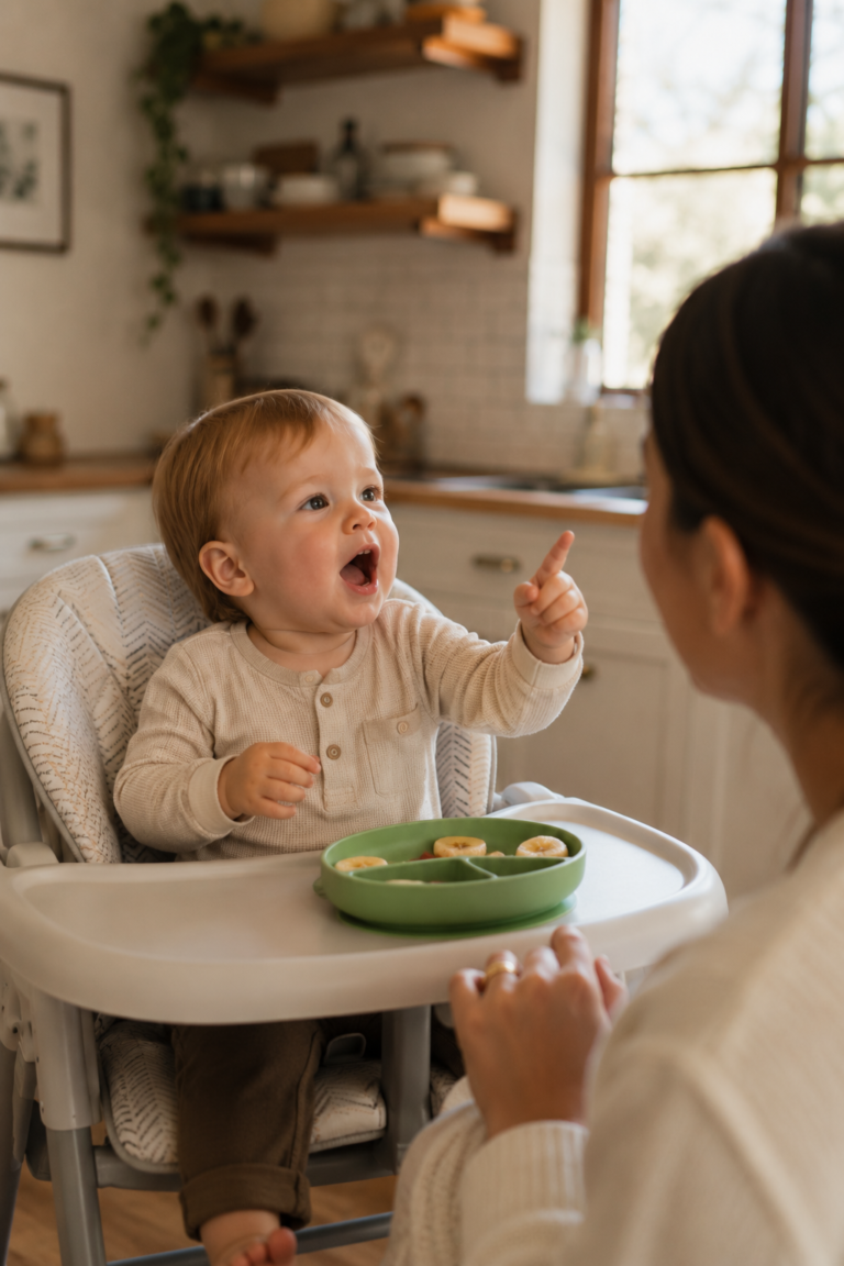 Toddler communicating with gestures and sounds while interacting with parent