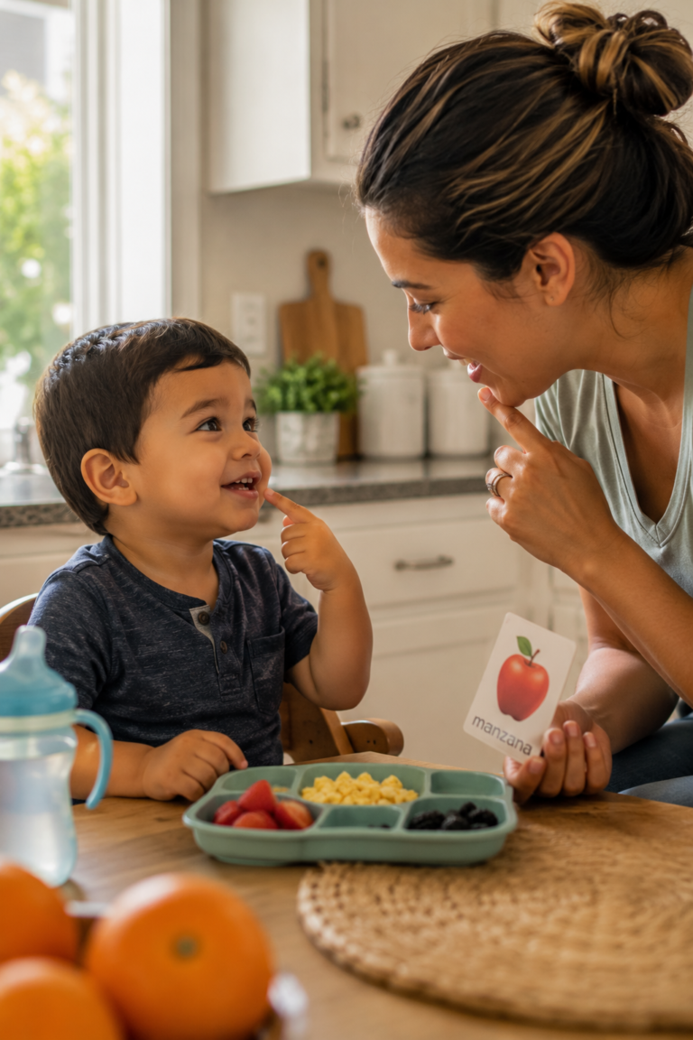 Parent encouraging toddler communication during a daily home routine