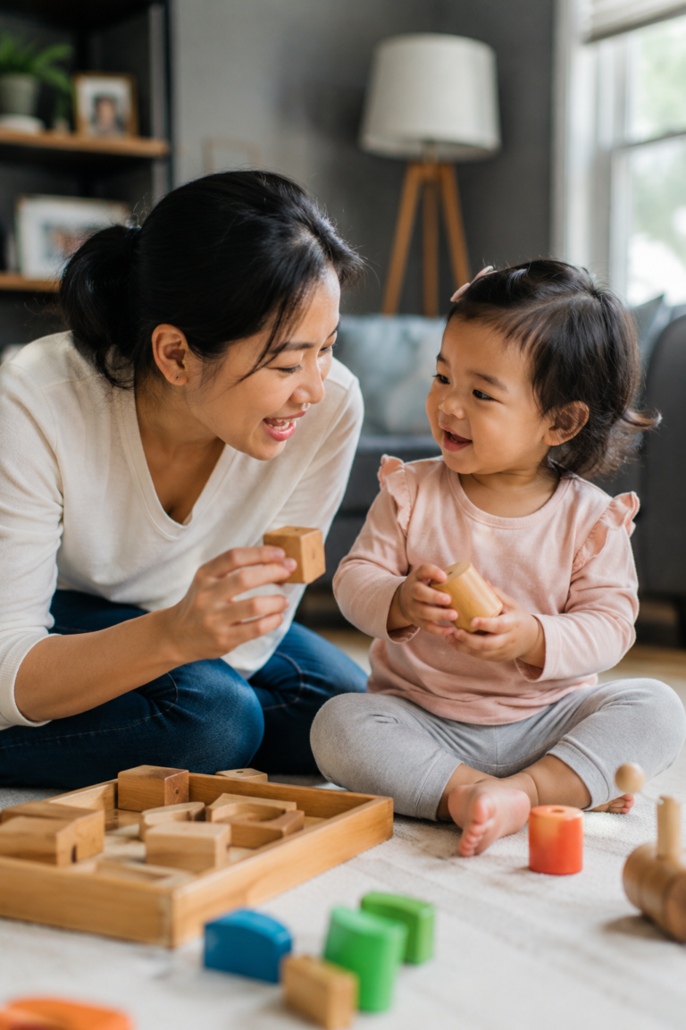 Parent helping toddler practice early language combinations during play