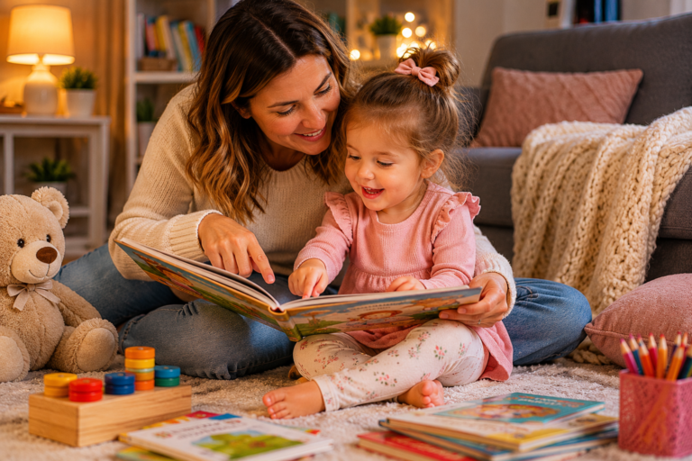 Parent reading and talking with toddler during screen-free routine