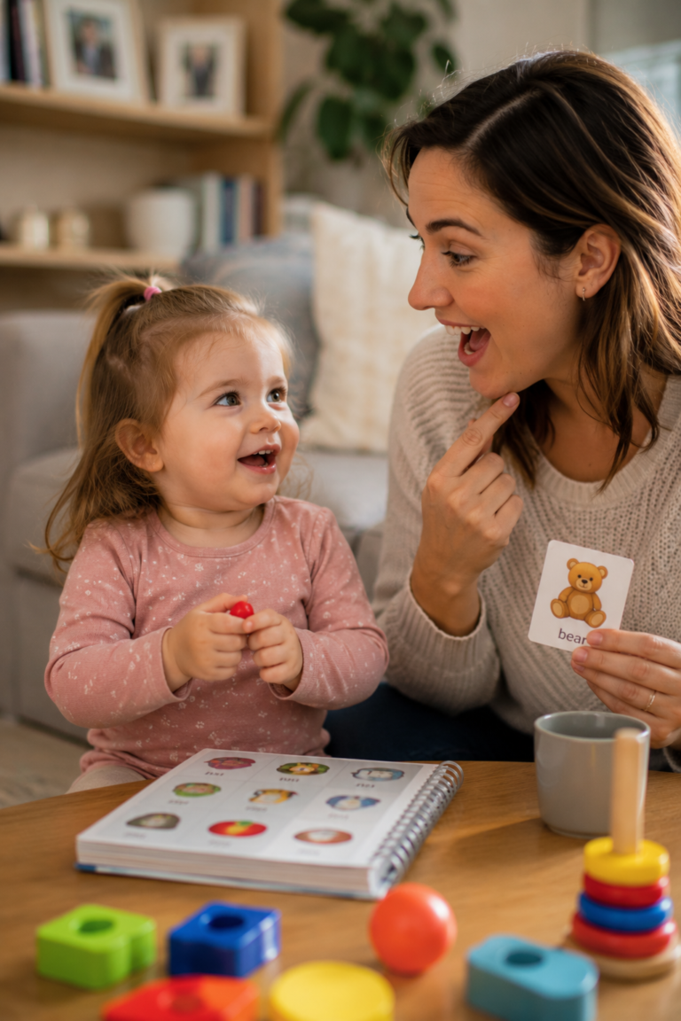Toddler building communication skills during early intervention activities at home