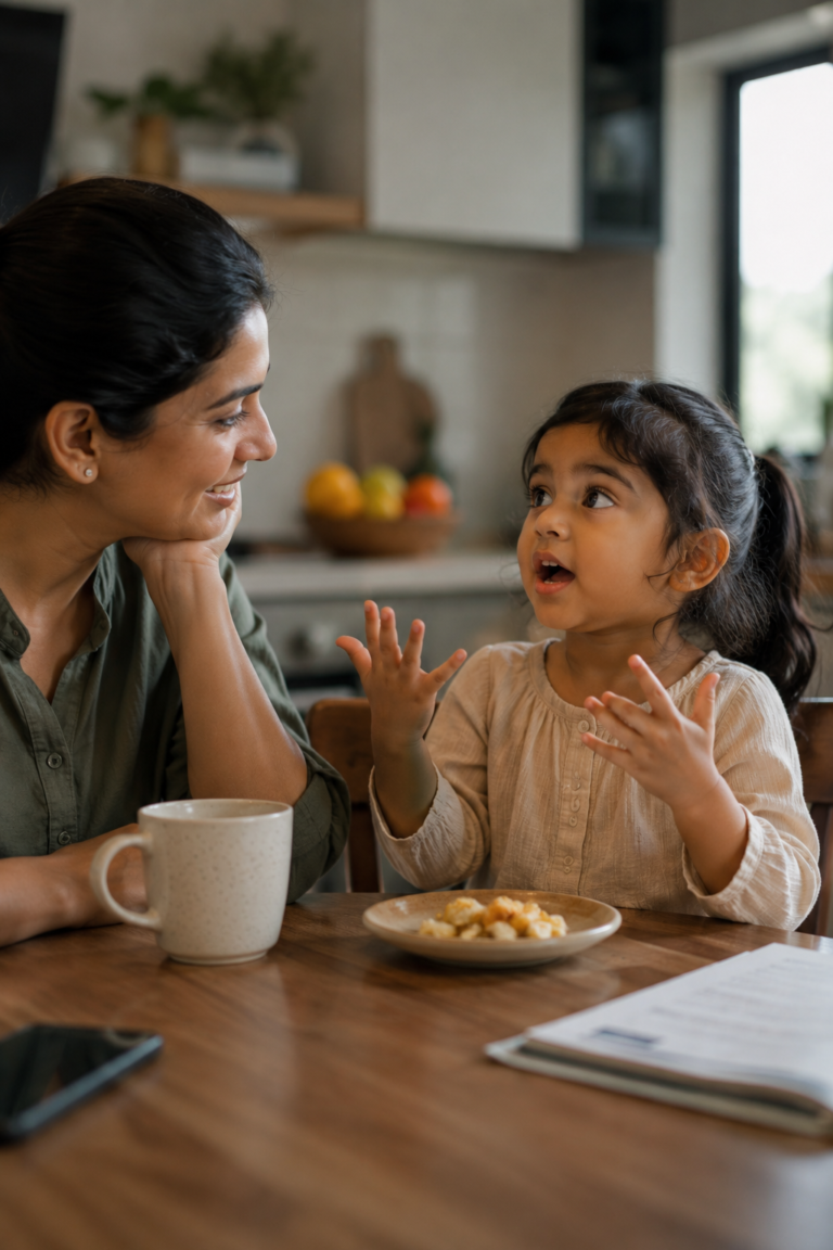 toddler practicing speech and communication skills during everyday routine