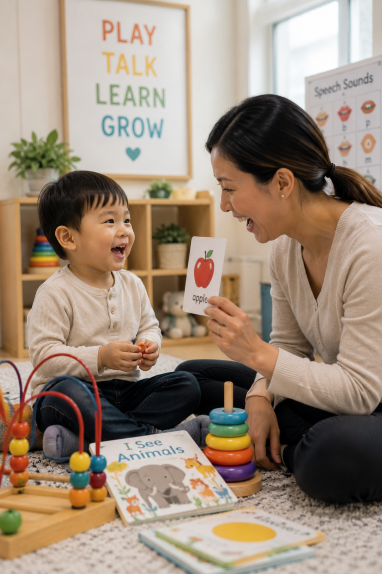 Toddler smiling during play-based speech therapy session