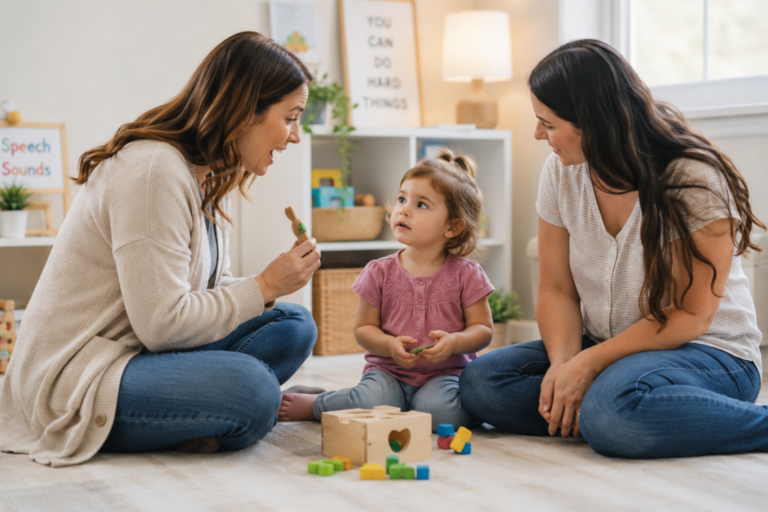 Speech therapist supporting toddler communication during play