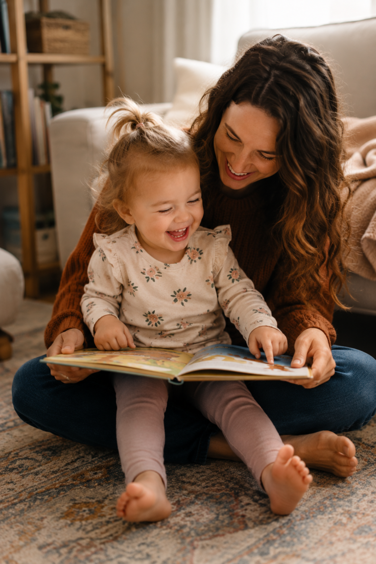 Parent and toddler enjoying interactive story time together