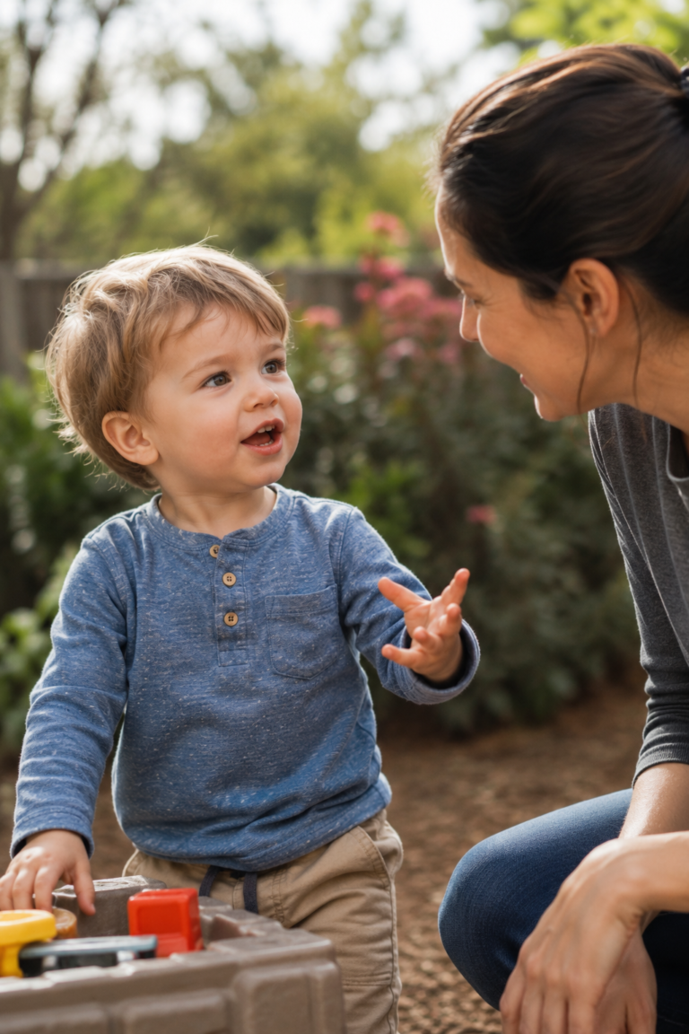 parent helps her child to says words with clear speech