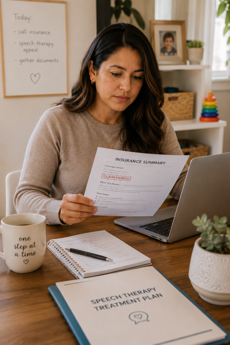 Parent reading pediatric speech therapy insurance denial letter calmly at home