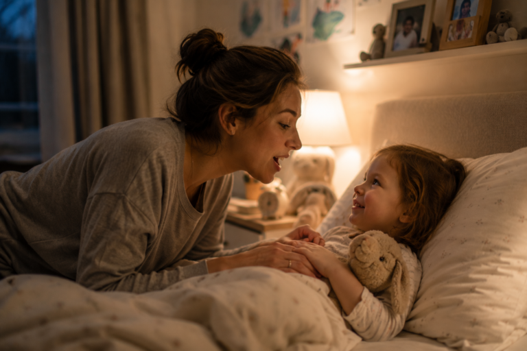 caregiver singing calming bedtime song to toddler