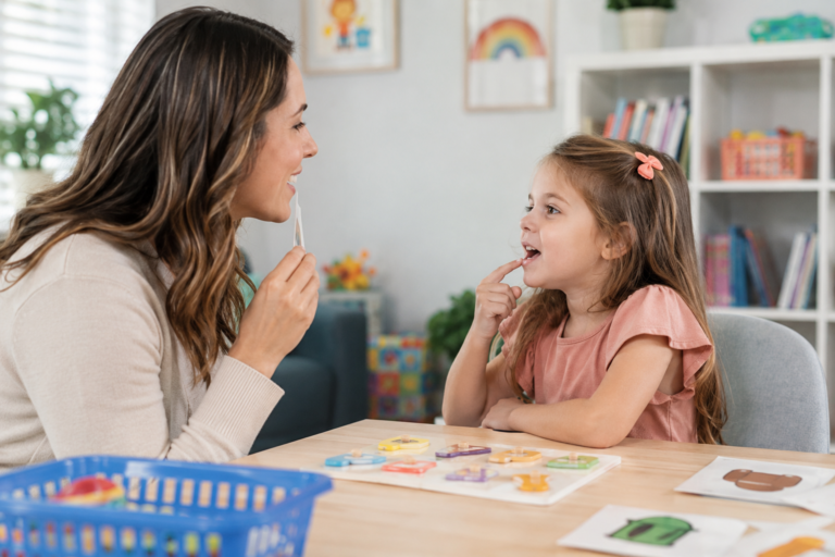 Parent talking with speech therapist about child speech concerns