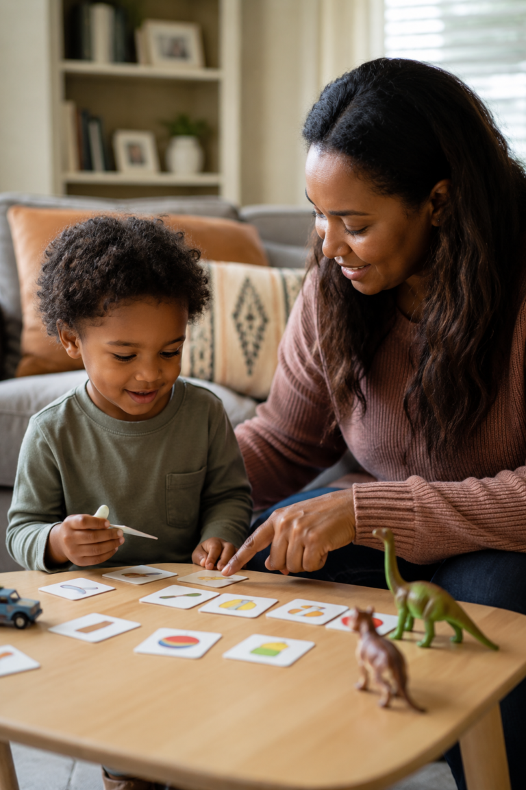 Child using AAC picture cards with a parent during a calm play routine