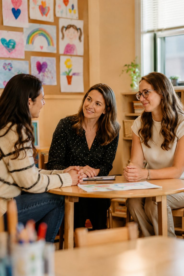 Parent advocating for an autistic child during a supportive school meeting