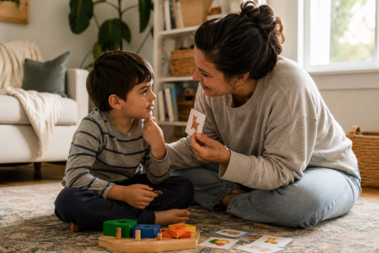 Parent helping autistic child communicate at home during play