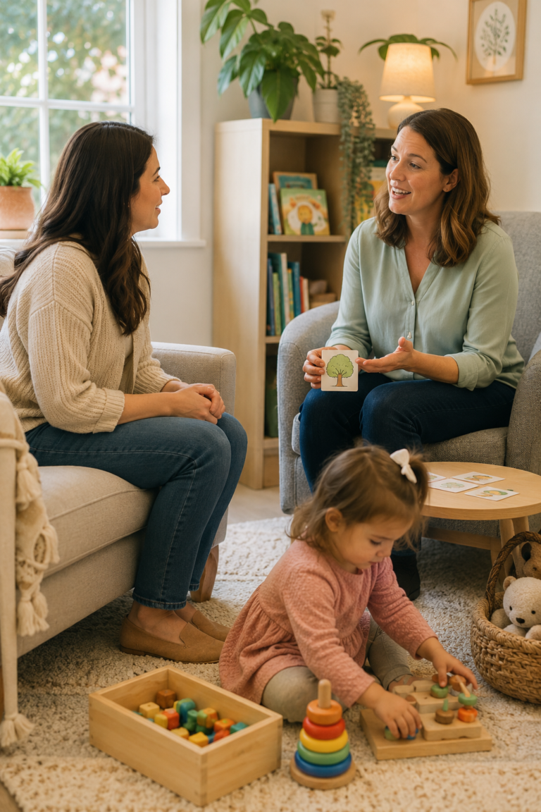Parent and speech therapist discussing next steps after an autism diagnosis