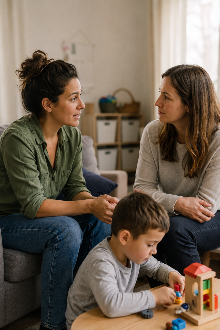 Parent calmly helping others understand an autistic child’s needs
