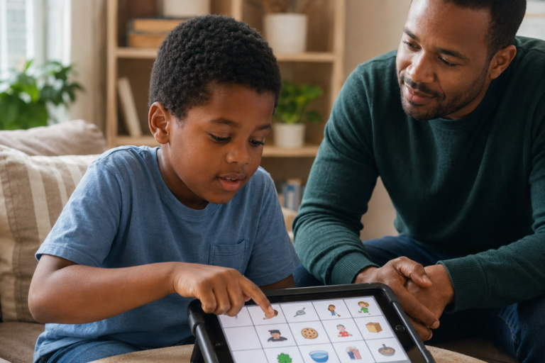 Autistic child using communication support with a caring parent nearby