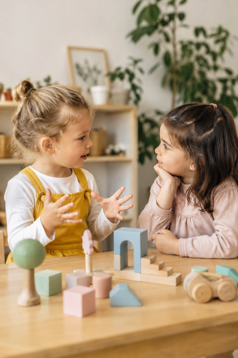 Child practicing social communication skills during play with another child