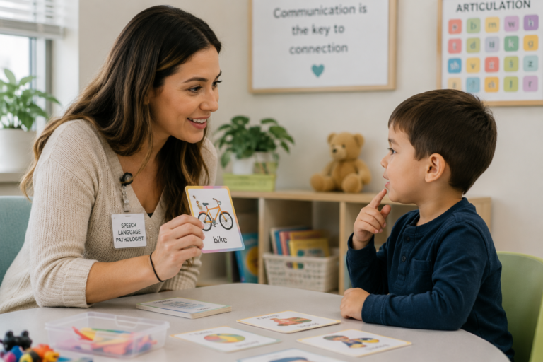 Speech-language pathologist working with a child during language activities