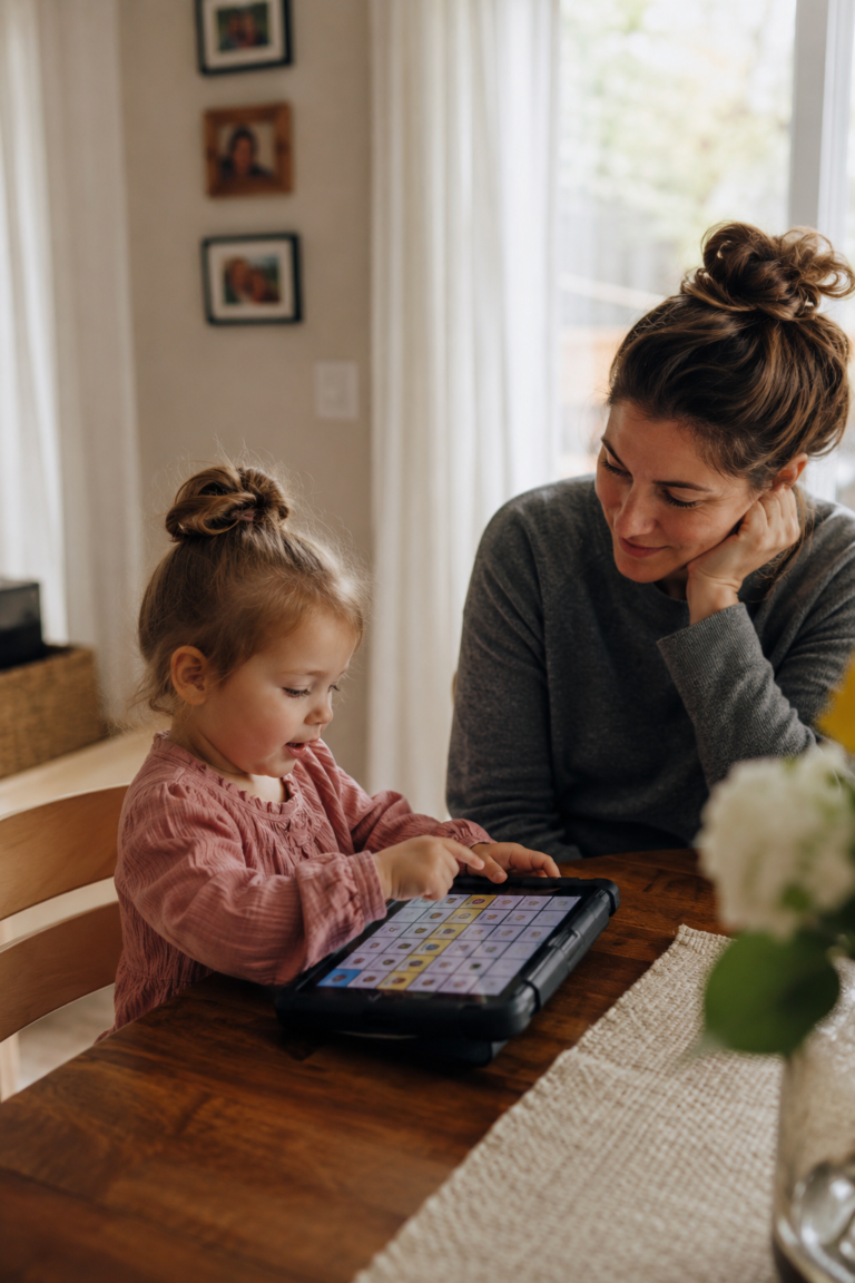 Child using AAC during everyday family communication at home