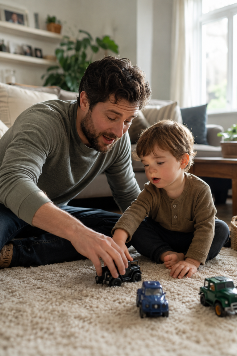 Parent using language modeling for toddlers during playtime