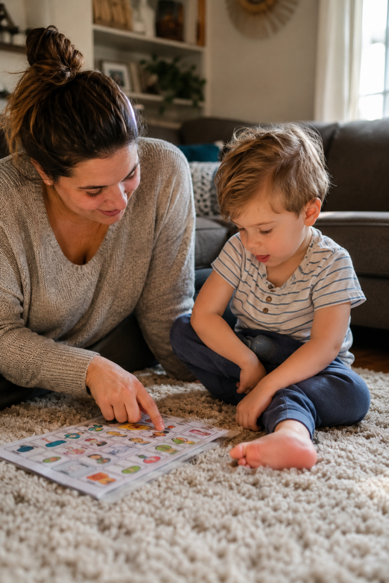 Child using a high-tech AAC device with family support at home