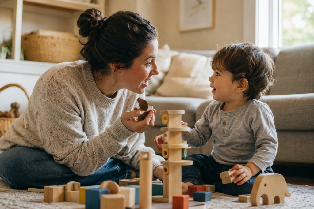 Parent helping a young child practice speech sounds during playful communication at home