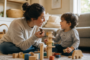 Parent helping a young child practice speech sounds during playful communication at home