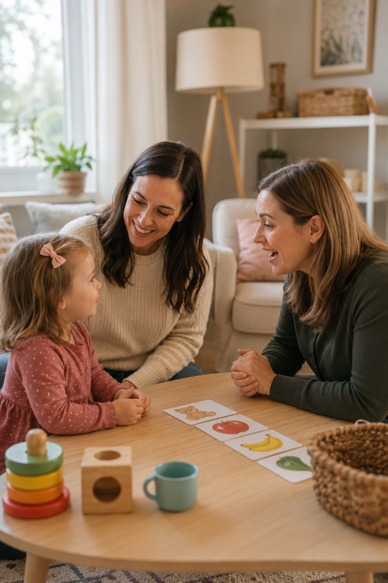 Speech therapist explaining phonological disorder and articulation disorder to a parent