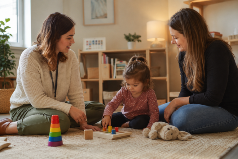 Speech therapist and parent supporting a preschool child during play