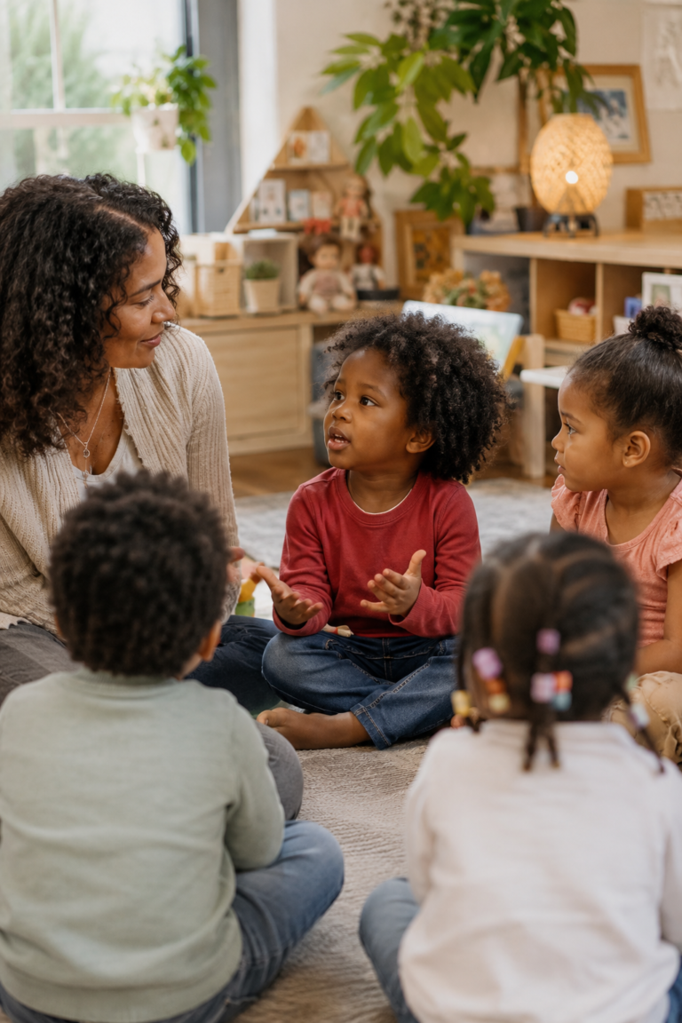 Child with social pragmatic communication disorder participating in a classroom conversation