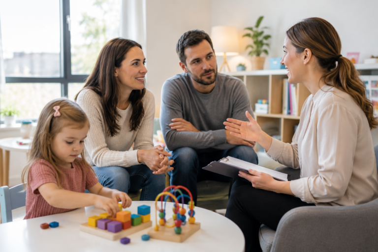 Parent discussing speech concerns with speech-language pathologist