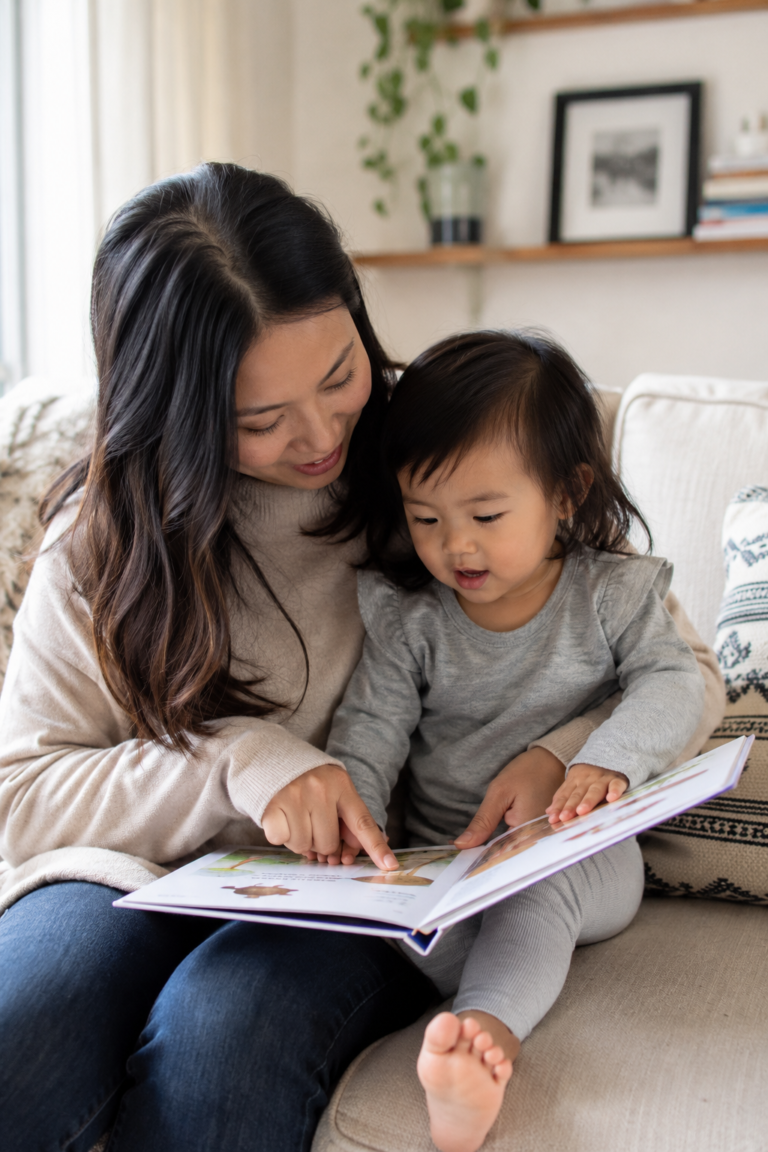 Parent using speech therapy strategies at home with a late talking toddler
