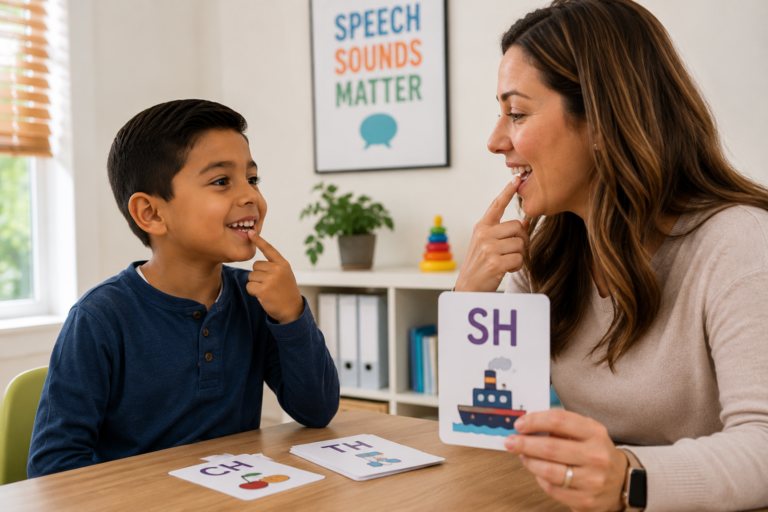 Speech therapist helping child practice clear speech sounds