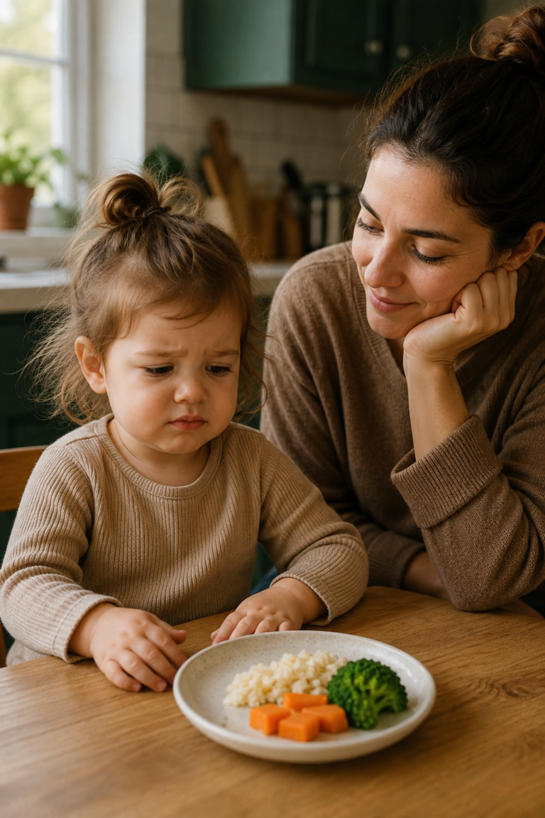 toddler food refusal with parent offering calm support