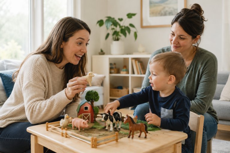 SLP using toddler speech therapy language modeling with toys
