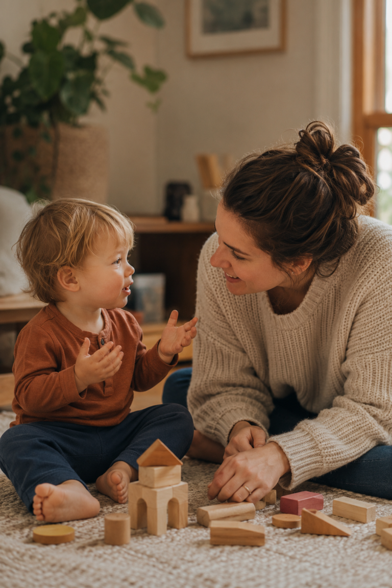 Toddler talking with a parent during play at home